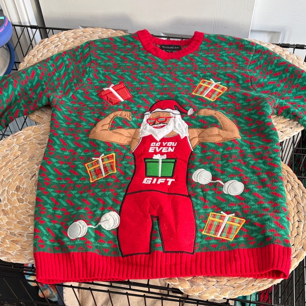 Blizzard bay - Muscle Santa Holiday Sweater - Red and Green -- ugly sweater -